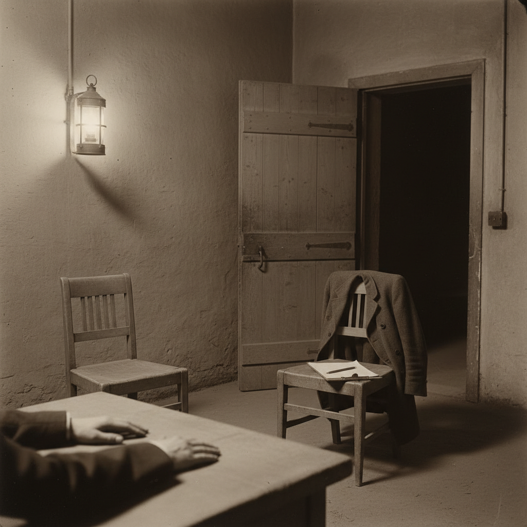 Bureau of Purity interview room, two chairs across a bare stone table, good lamp on the wall, subject's hands flat on the table, Auditor's chair empty with clipboard on seat, door ajar