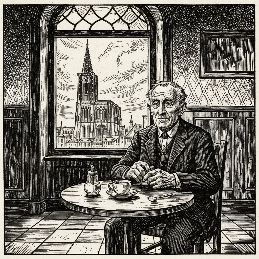 Retired Auditor alone at a Strasbourg cafe table, hands shaking, untouched coffee before him, cathedral bell tower visible through the window, lips silently counting