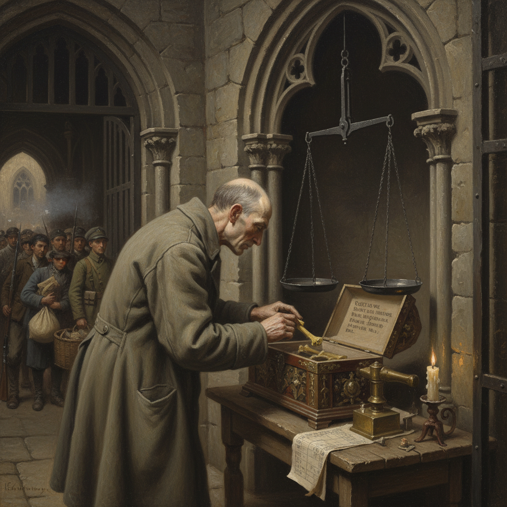 A Tariff-Chapel interior at a Sagittal Line gate — iron scales with scripture-engraved arms over the open reliquary casket, a Commerce Clerk mid-calibration, stamp press and unceasing candle beside him, queue visible through the narrow chapel doorway