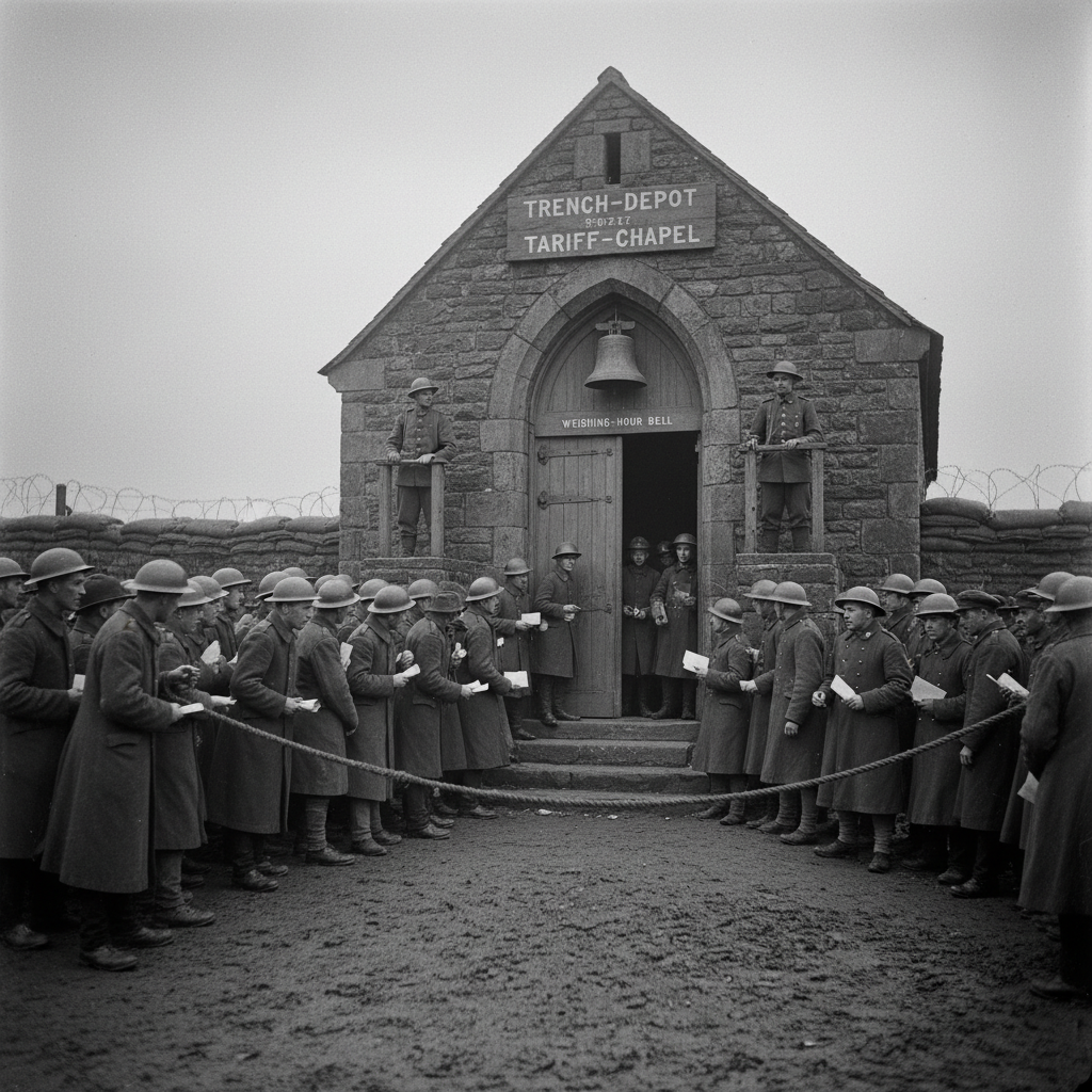 The queue outside a trench-depot tariff-chapel at midday — vendors with manifests, soldiers with priority slips, civilians with ration cards, rope barrier bowing under crowd pressure, the closed chapel door above a stone step, two guards watching