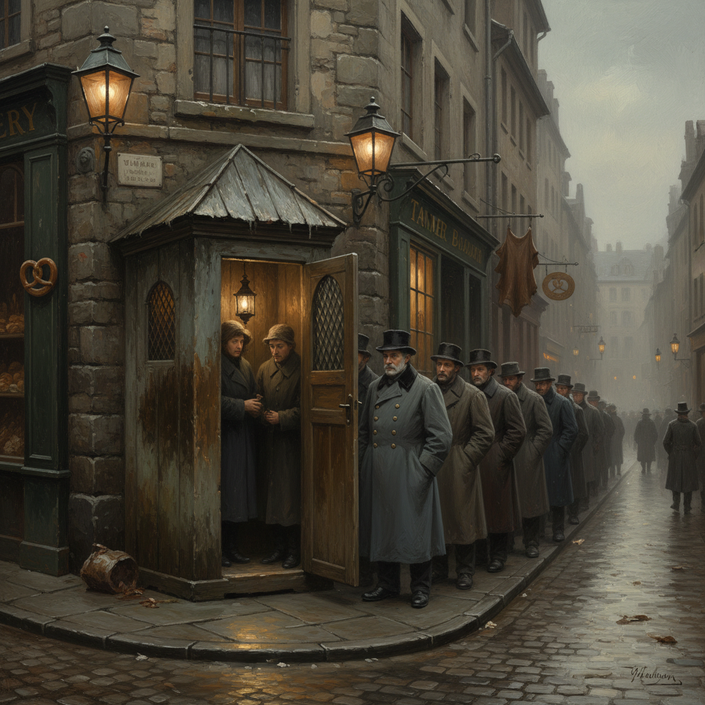 A brine-scrubbed Confessor-Booth on a Strasbourg street corner at dawn, wedged between a bakery and a tanner's shop, its shutter open and stamp lamp glowing within, a grey queue of citizens stretching along the rain-slicked cobblestones.