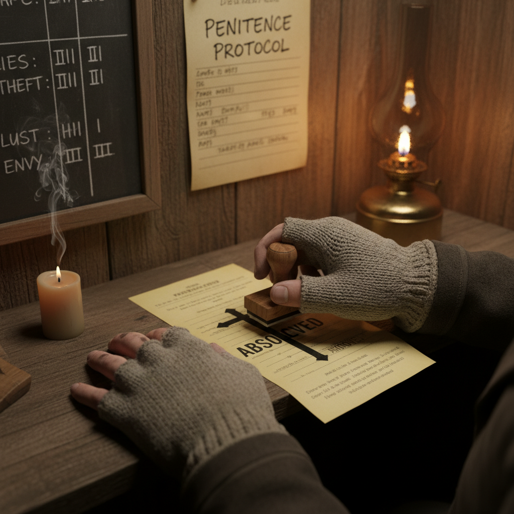 Close framing of a Confessor-Booth Clerk's ink-stained fingerless-gloved hands pressing a stamp onto a blank confession receipt, a rubric card pinned to the booth's inner wall, a tally board of sin categories visible beside a cheap incense candle.