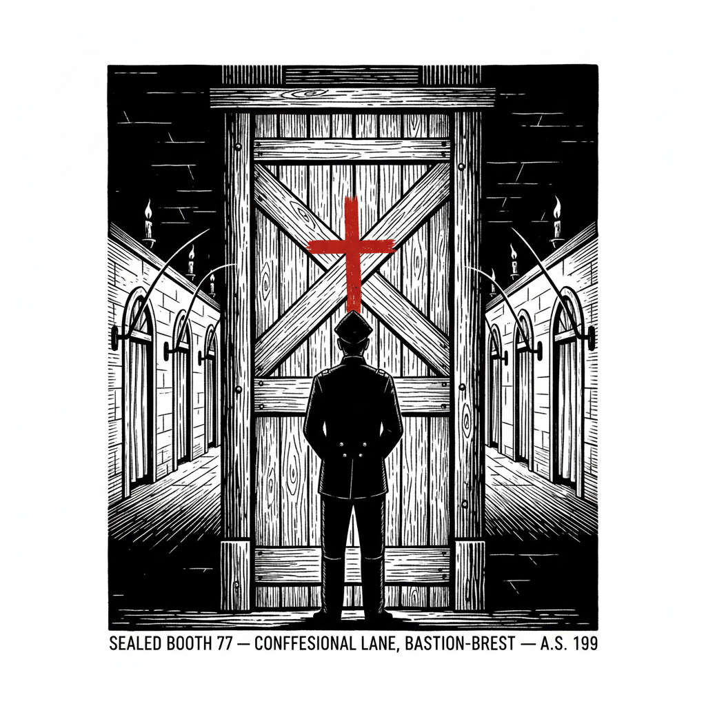 Woodcut of sealed Booth 77 in the Confessional Lane at Bastion-Brest, planks nailed across the door and a red chalk cross on the seal, a lone guard standing with his back to the booth, the corridor's candle flames bending toward the sealed door.