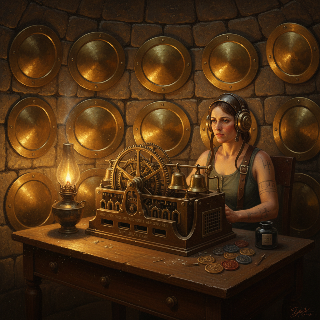 A Counter-Toll Operator in a sub-tower vault at night, brass resonance plates on the curved stone walls, a dominance console on the desk, the operator in a leather ear-mask with chalk cadence marks on her forearms, hot-oil lamp casting amber light.