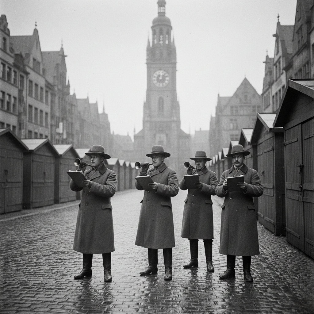 Aftermath of the Night of Borrowed Curfew in Cologne — empty streets and shuttered market stalls at mid-afternoon, a clock tower showing the wrong hour, Bureau of Bells inspectors with notation boards on rain-slicked cobblestones.