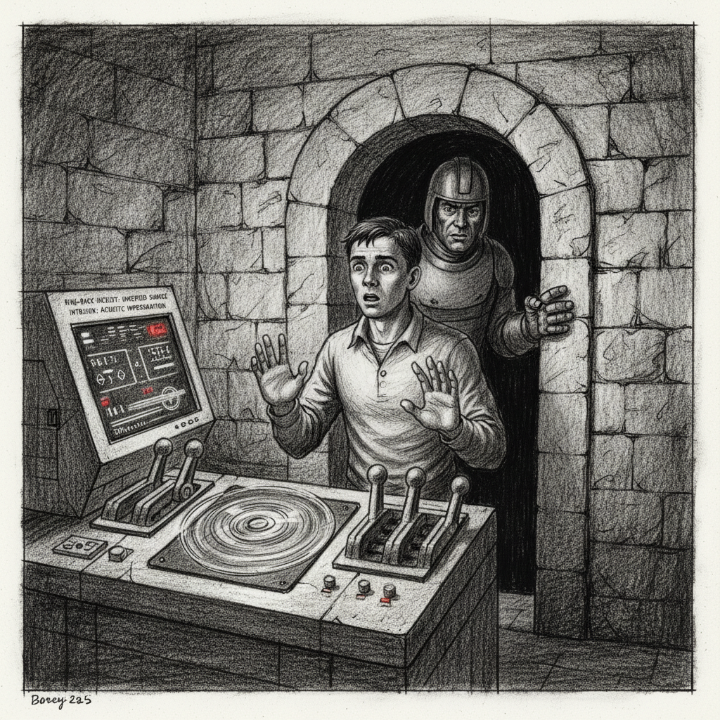 A ring-back incident in a bastion sub-tower vault — the Operator frozen with hands lifted off the actuators, the console still running, a Dominance Marshal arriving at the vault doorway, reading the room before he enters.
