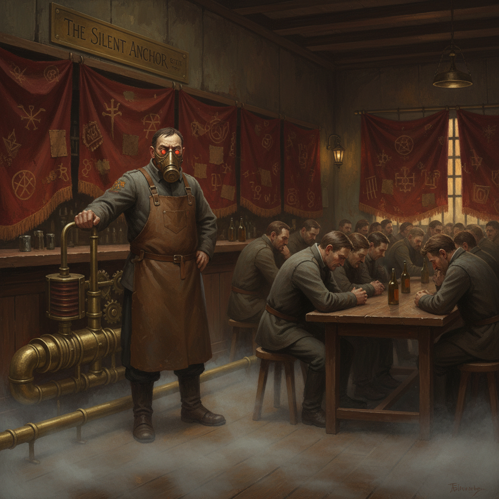 A Licensed Fog-Keeper behind the bar at curfew, fog pooling at ankle height across the shuttered common room, patrons hunched at long tables in amber lamp-light, one hand on the bellows lever.