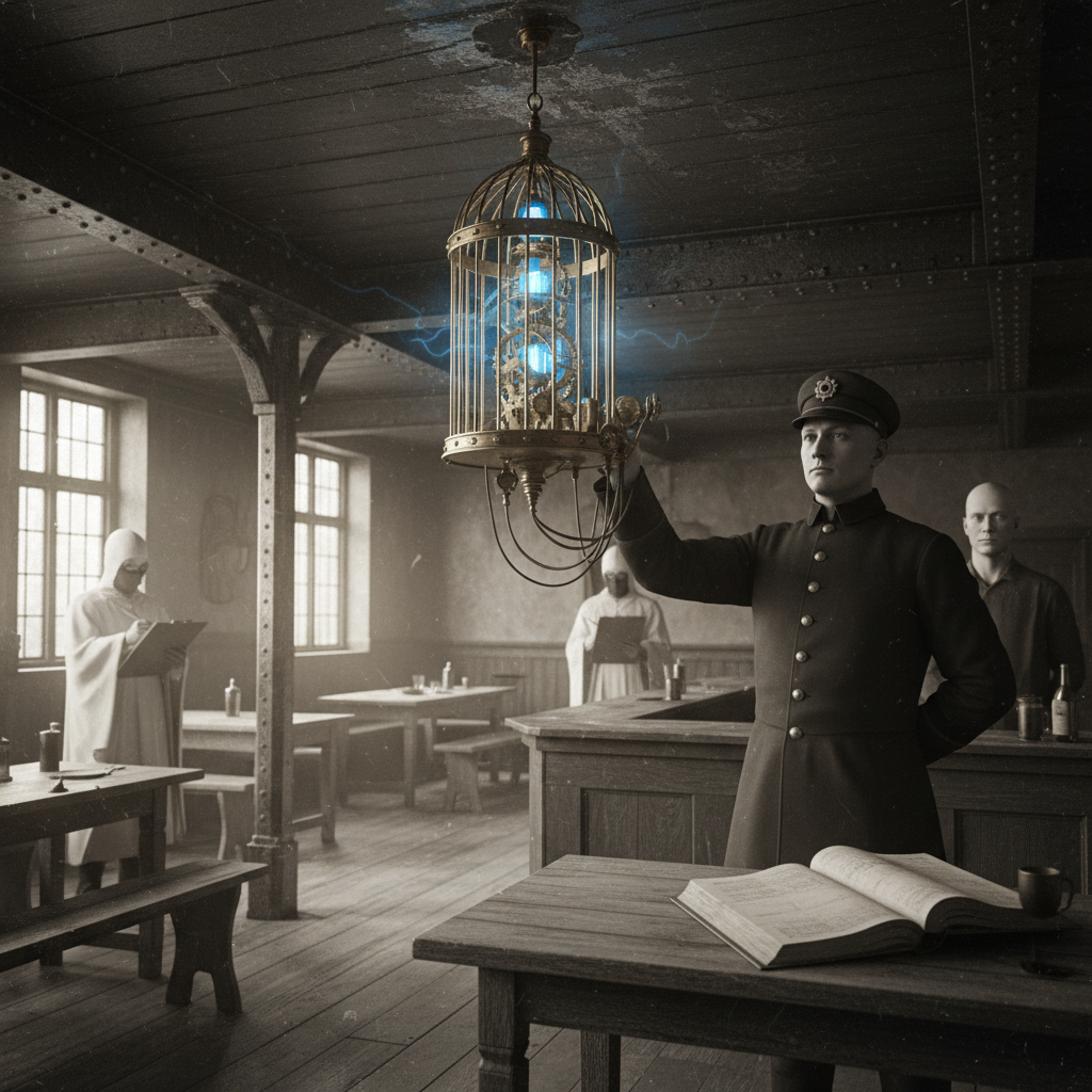A Bureau of Purity Fume-Inspector holding a brass-and-glass resonance cage near the ceiling in a grey tavern common room, barkeep at the counter with a carefully blank expression.