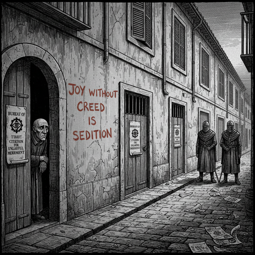 Empty shuttered tavern street after the Seville Laugh Riots, Bureau of Purity citation notices on every door, two Lictors at the corner, the verdict inscription on the wall.