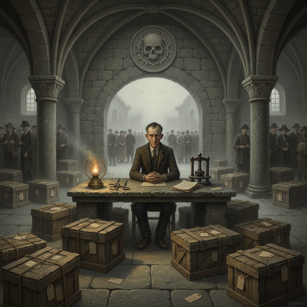 Tariff-chapel intake bay, Marrowgate. A Tariffer at his desk with bone calipers and seal press, purity lamp burning, tagged crates stacked around him, grieving families queued through the intake arch.