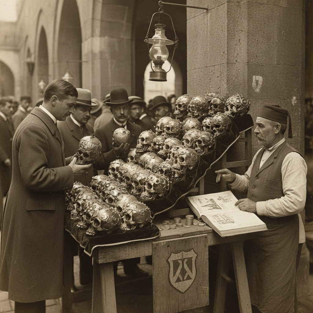 The skull market at a Constantinople bastion. Polished carved skulls on velvet-lined trays, bastion-elite buyers examining ornamental grades, Bureau of Tithes permit placard on the trestle.