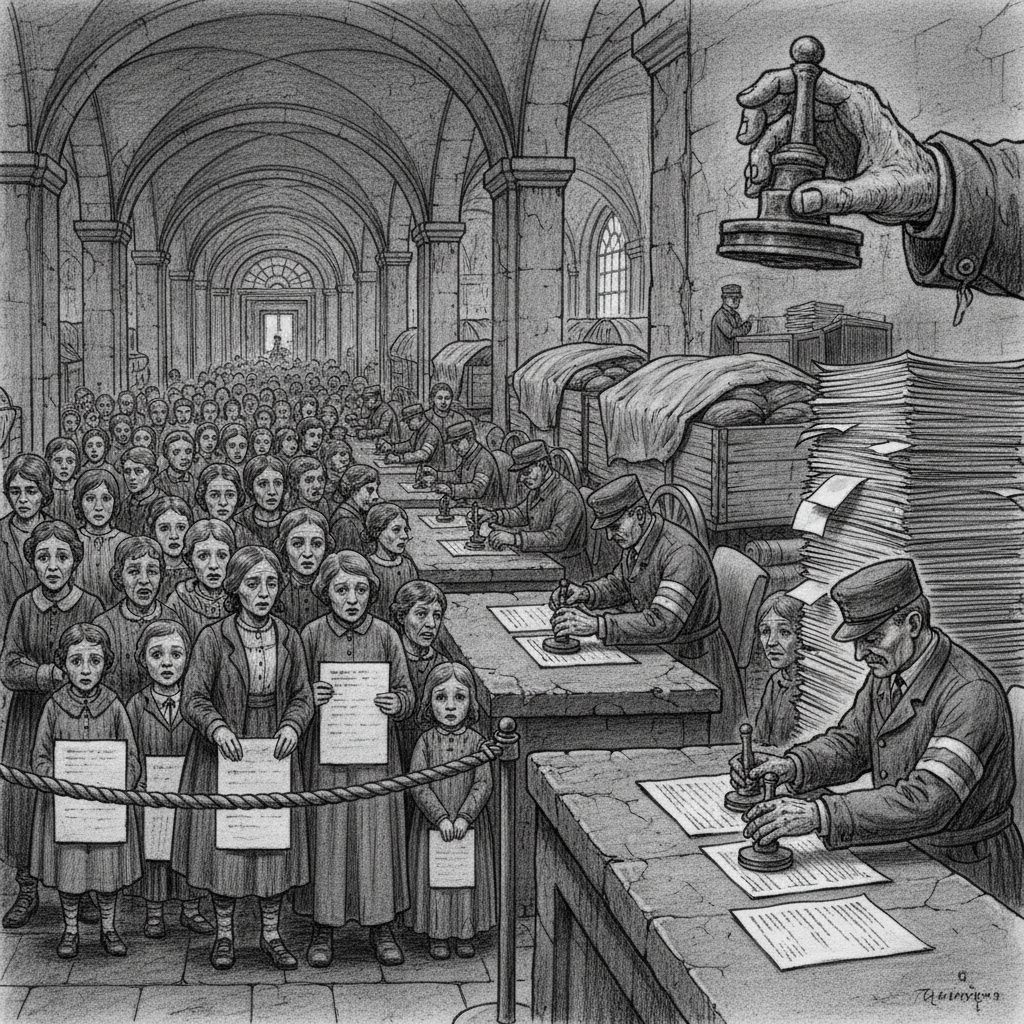 Gray Clearance at Marrowgate during the Plague Winter. Clerks stamping clearances at stone counters, families pressing against rope barriers, intake forms stacked higher than the Tariffer's head.