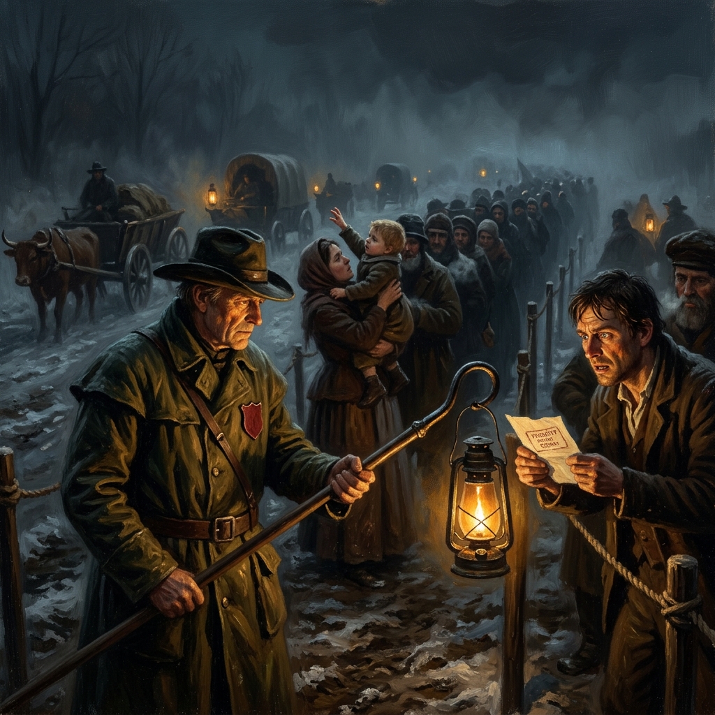 Night lanes at a Rheinscarp toll checkpoint, the Queue-Marshal reading crowd pressure by lantern, desperate families pressing at rope barriers in darkness, a man holding forged stamps to the verification lamp