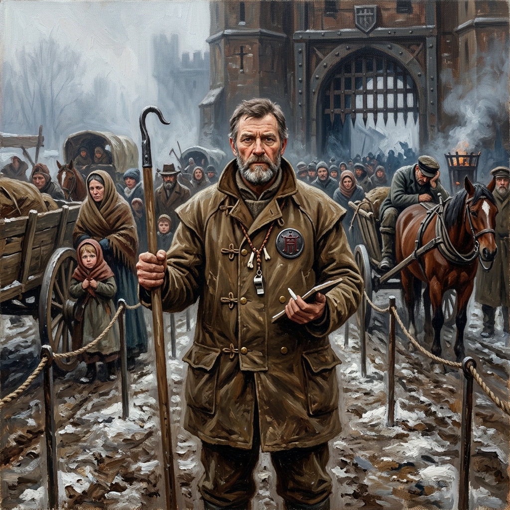 A Checkpoint Queue-Marshal at a forward bastion gate on the Sagittal Line, holding his ash-wood lane pole and chalk stick, rope barriers between iron post stakes, a backed-up mass of wagons and civilian families queued in grey overcast