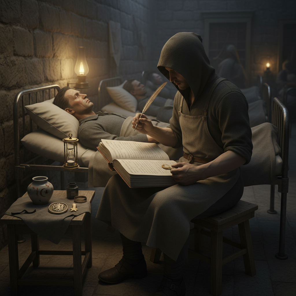 Deathbed Confession Harvester on a low stool beside a hospital cot, grey apron, minuteglass turned, quill over an open ledger, dying soldier's lips parting in lamplight, seal-ring ready, bone token gripped in the left fist, stone mercy ward