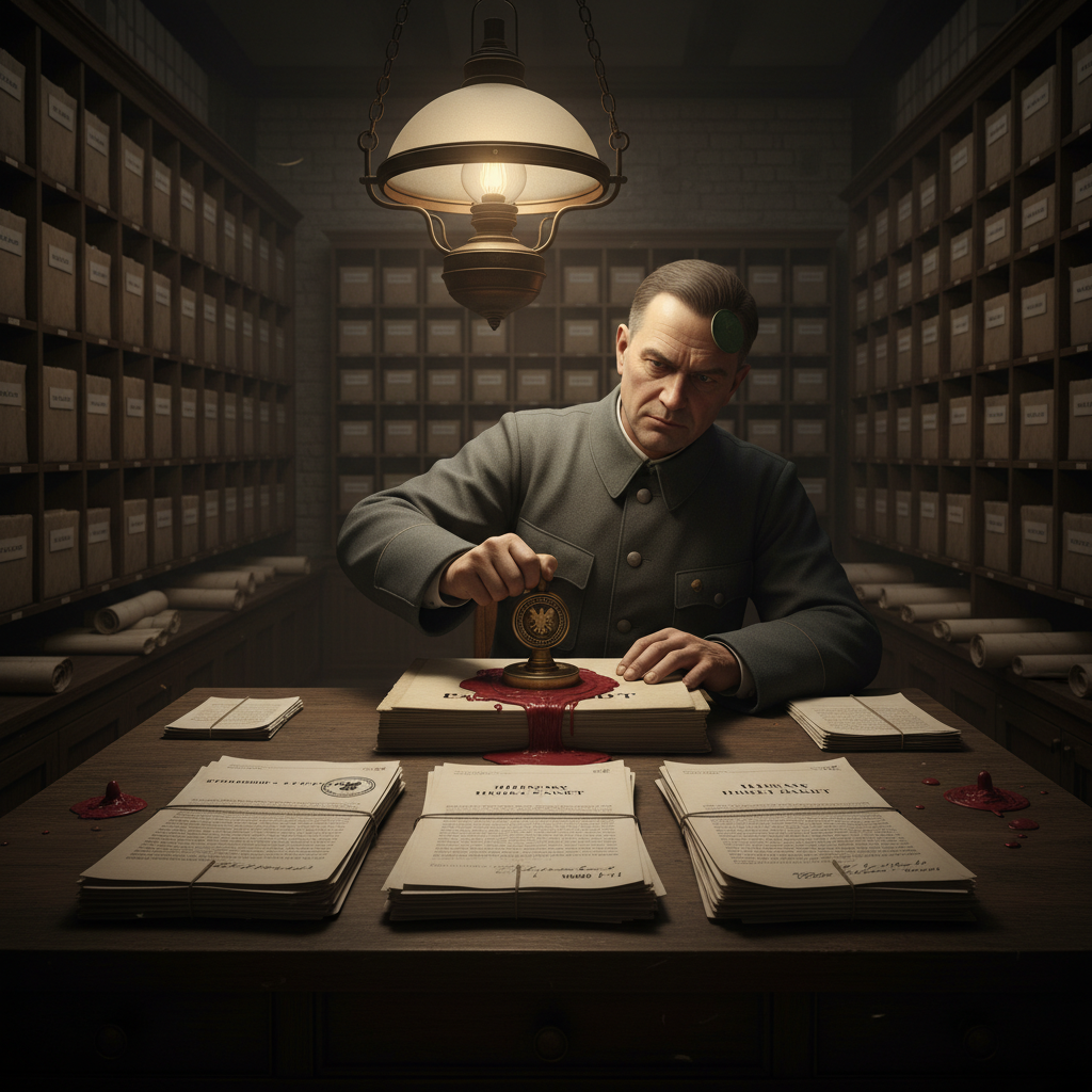 Sealed addendum desk at the Bureau of Records — clerk pressing a brass seal into crimson wax over the heresy packet, triple-copy transcripts stacked, bell-time stamp on the top sheet, stone archive room, institutional oil lamp overhead