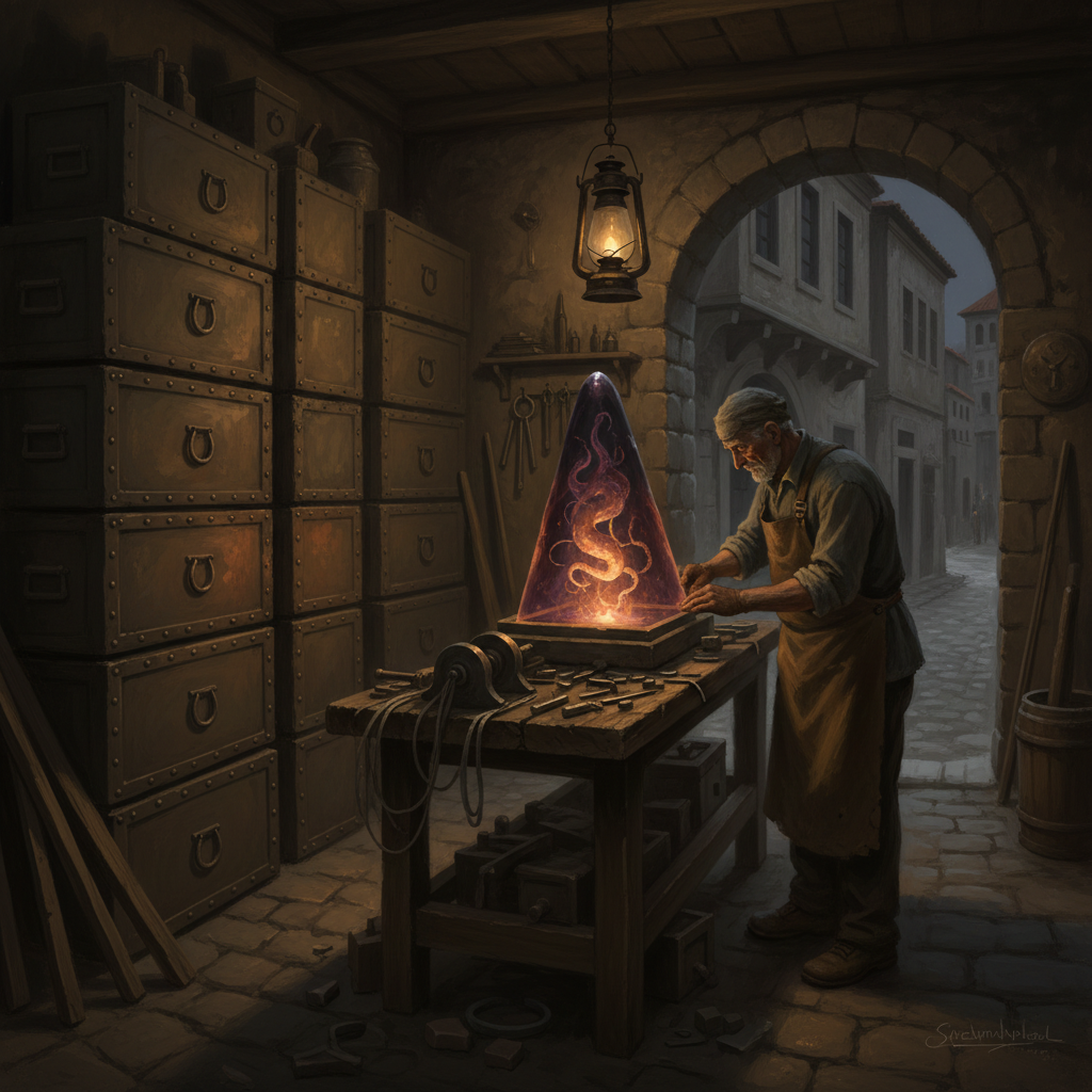 A Stainwright's workshop on the Thessaloniki Maskwright Lanes at night — a demon-glass pane on the grinding bench glowing faintly under an oil lamp, the craftsman bent over it with ash-grit stone, lead came strips and quiet-boxes around him