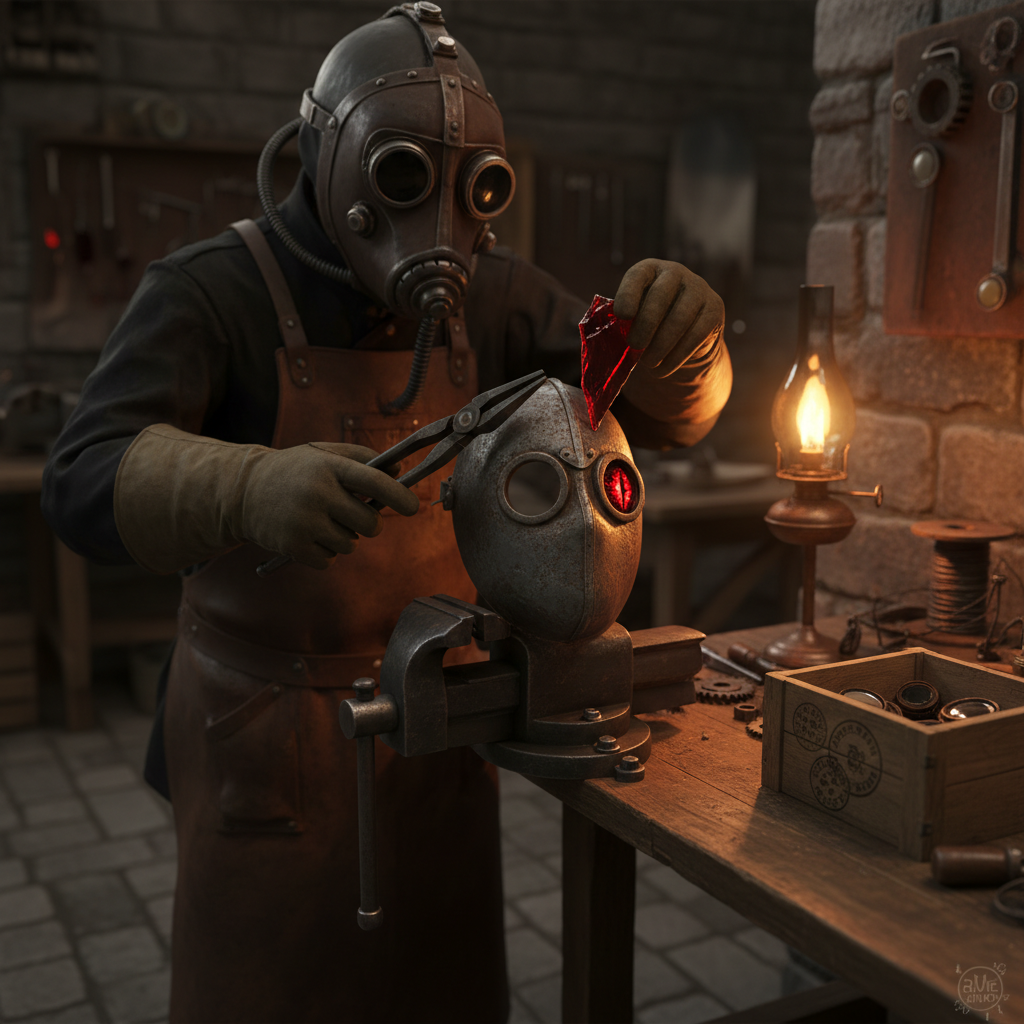 A Mask-Lens Surgeon at his workbench — a soldier's WWI trench mask clamped in an iron vise, a demon-glass shard being press-fitted into the eye socket with lead pliers, hands in lead-lined gloves, oil lamp close at hand