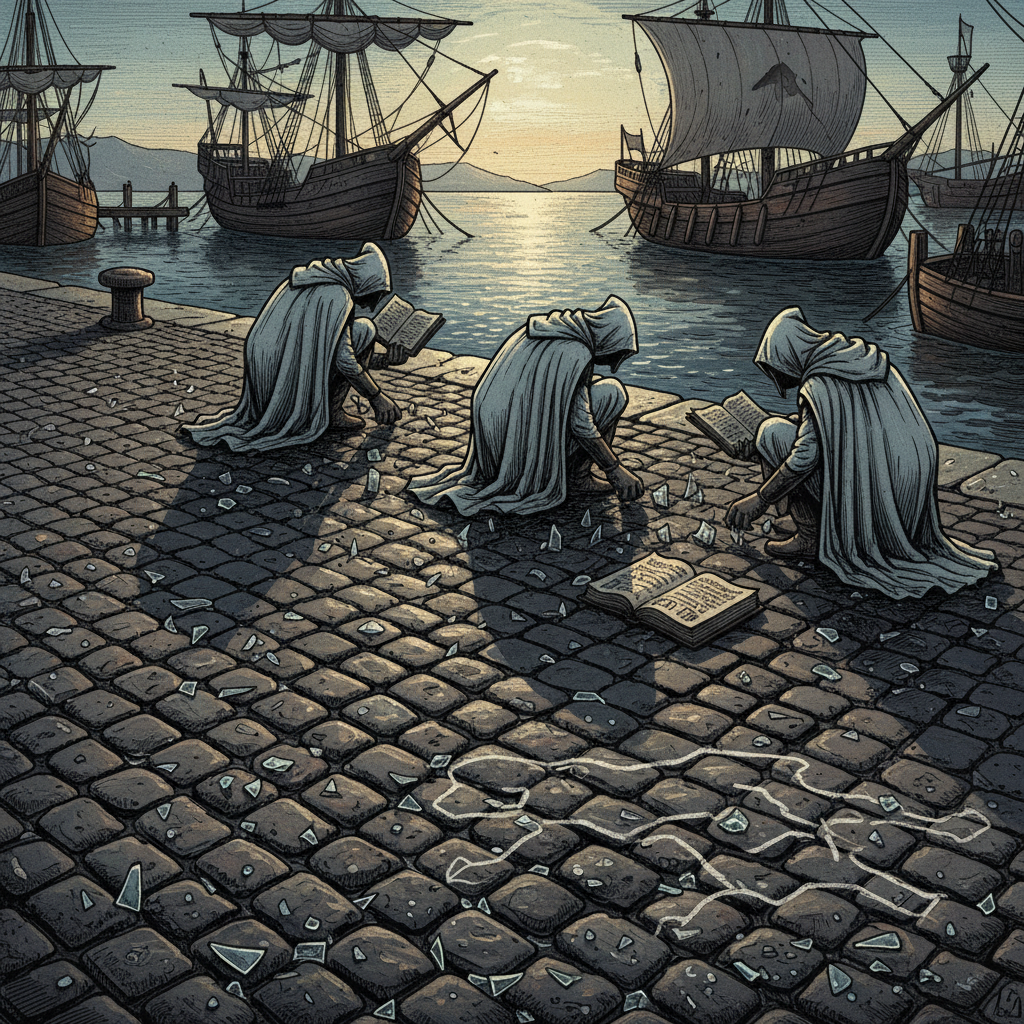The aftermath of the Mirror Riot of Varna — empty harbor cobblestones at dawn with shattered glass fragments glinting, Bureau of Purity clerks with ledgers among the debris, a chalk outline at the waterfront edge, dark harbor water beyond