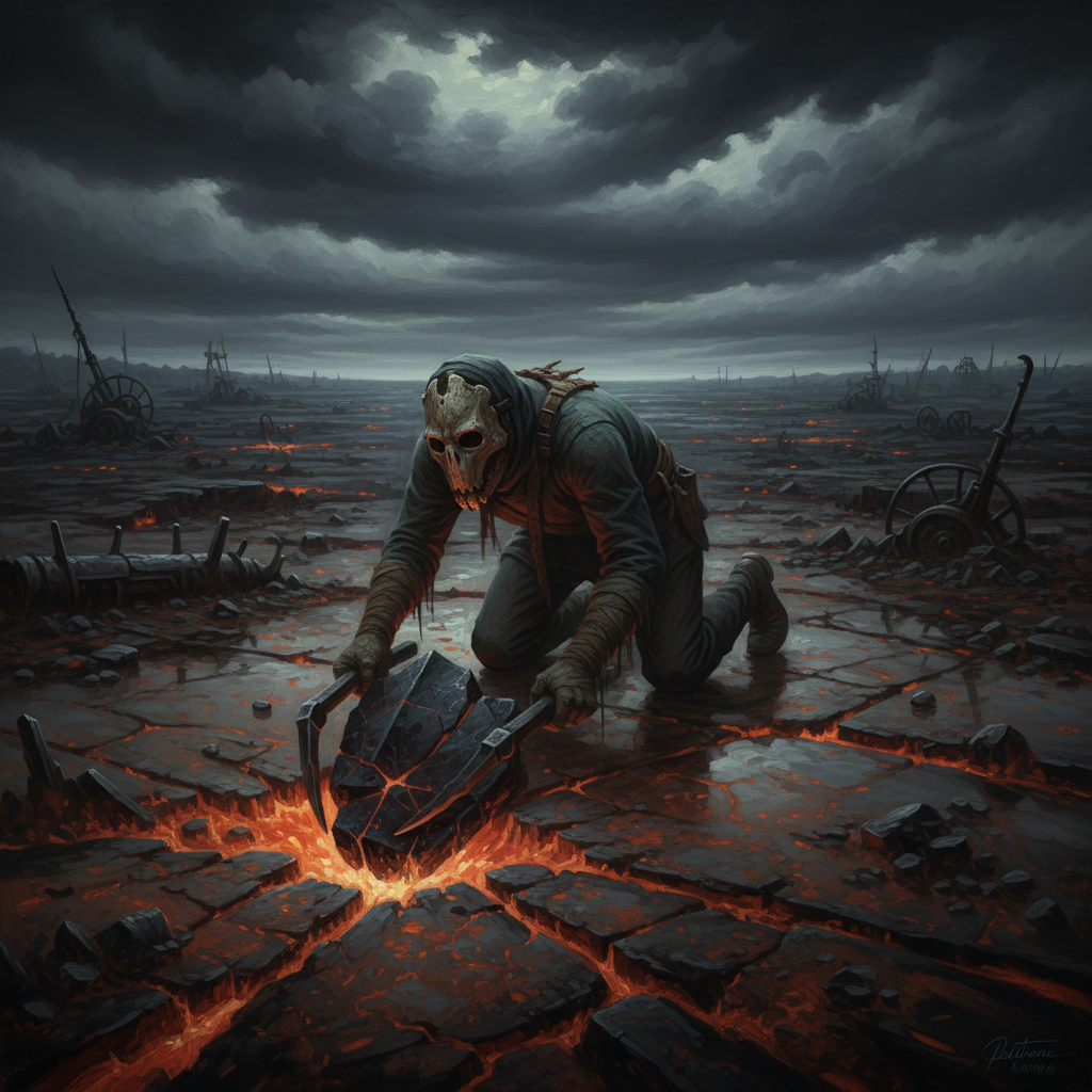 A Demon-Glass Scavenger in bone-mask and wrapped hands crawling across fused slag-ground beyond the Sagittal Line at night — faint copper light rising from the glass, tongs gripping a dark shard, the burned battlefield stretching to the horizon