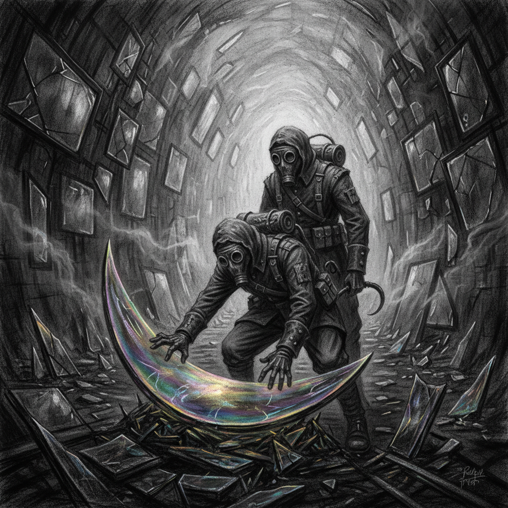 Two Palace-Crawlers in a mirrored corridor of Lust's shattered courts — one crouching at a gleaming iridescent shard, the second watching only their partner's face, ready to pull them out the moment they smile