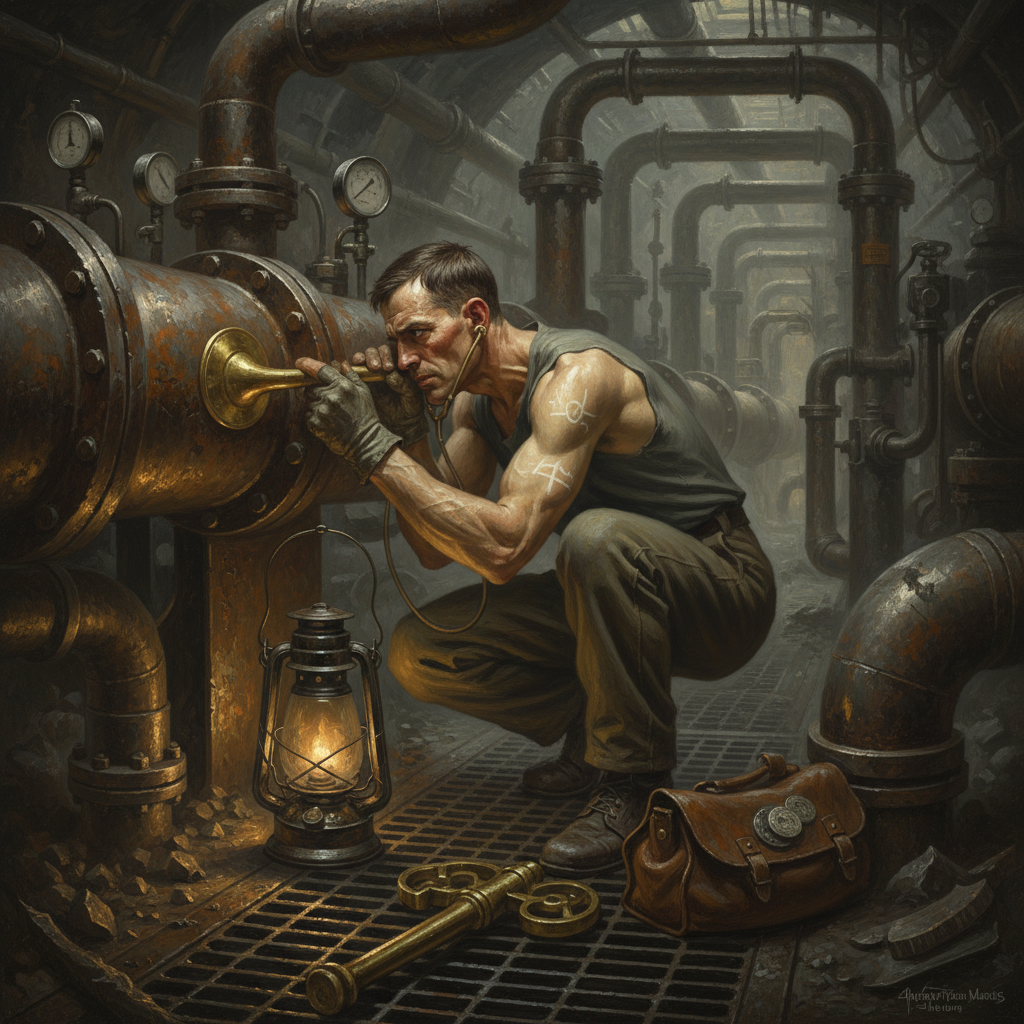 A Diesel Resonance Plumber crouched at a massive iron conduit in the sump chambers, brass stethoscope-horn pressed to the pipe wall, valve key and gasket kit at his feet, amber lantern light across branching diesel pipes