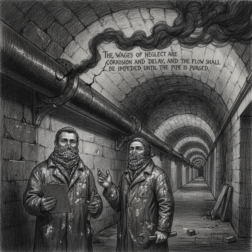 Scripture-smoke rising from a diesel conduit crack in a bastion tunnel, oily black fumes forming faint legible text on the vaulted stone ceiling, two Plumbers below looking up with professional neutrality