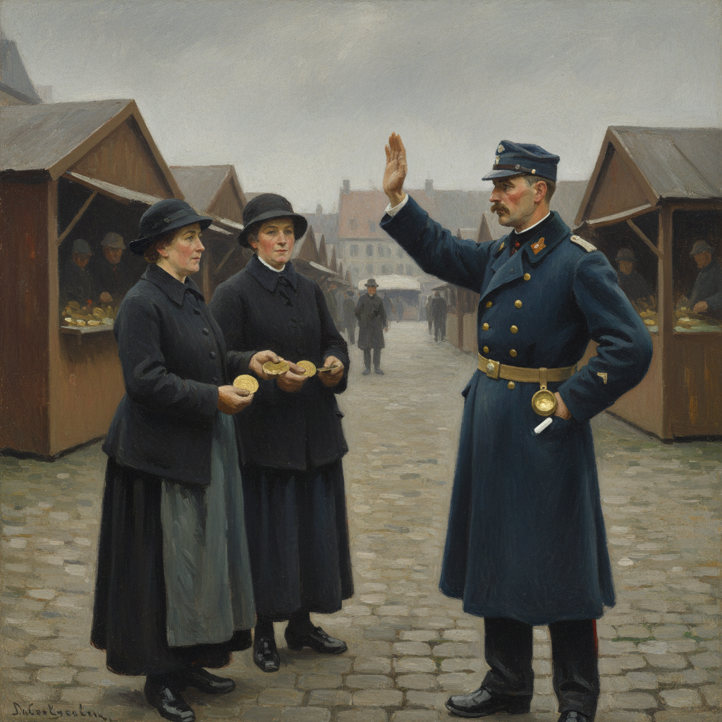 A Doctrine Street-Vicar raises his hand in a Rhineland market square, pocket chime at his wrist, citizens halted before him presenting brass purity token discs, chalk at his belt, cobblestones under grey overcast sky