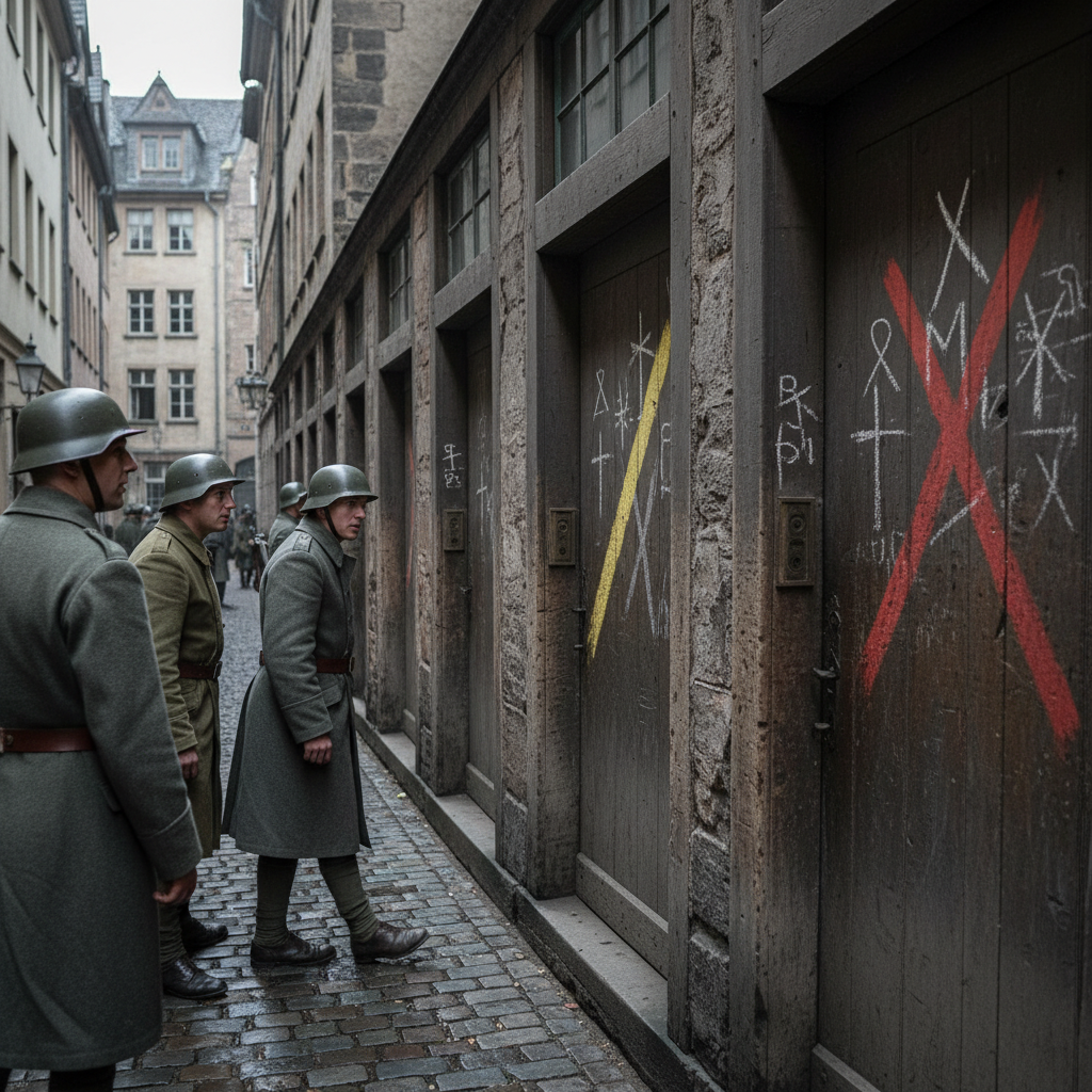 A row of doorframes on a Cologne market alley — white chalk marks on several lintels, a yellow diagonal slash on one door, a bold red chalk mark on the far doorframe, neighbours glancing sideways at the marks in grey morning light