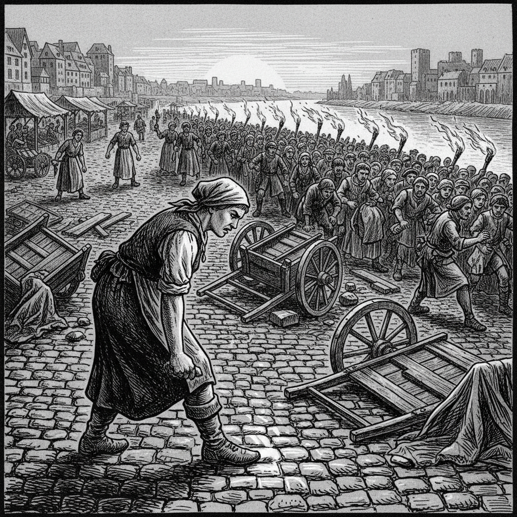 The Chalk Riots at Trier, A.S. 119 — dawn at the Moselle riverfront, overturned market carts, a crowd converging at the riverside, a woman grinding chalk into cobblestones with her boot in the foreground