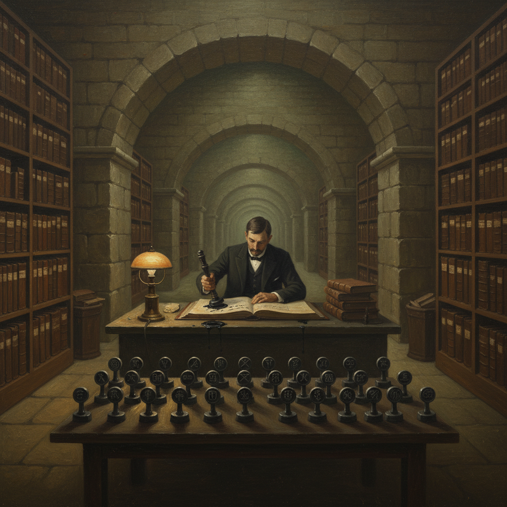 The Black Seal Annex beneath the Bureau of Records in Strasbourg — a dry, windowless vault of arched stone, rows of ledger shelves receding into deep shadow, a lone Erasure Notary pressing a black wax seal over a name in an open ledger