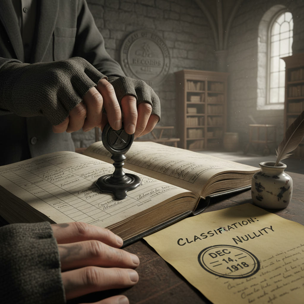 An Erasure Notary pressing a black wax signet seal over a name in a ration ledger, fingerless-gloved hands, classification writ beside the book