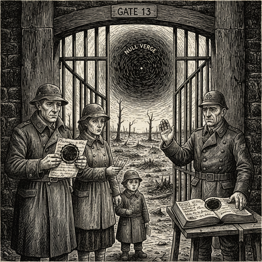 A family at a closed bastion gate pressing ration cards toward a guard who cannot accept them, Black Seal visible over their names in the guard's ledger