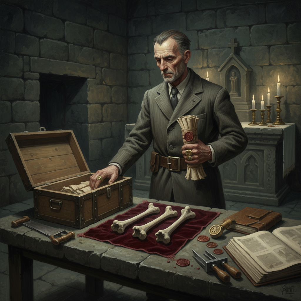 A Femur-War Broker in a backroom chapel, standing over three femur fragments on dark cloth, bone saw and provenance bundle in hand, suspicious angled lamplight