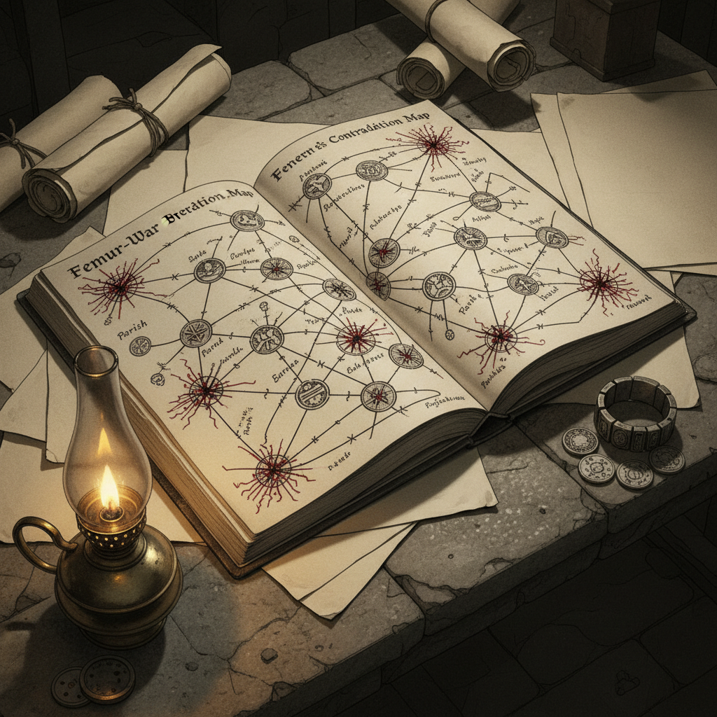 A Broker's Contradiction Map open on a stone desk, dense provenance chains and conflict markers in charcoal, modular seal ring beside the slip-book