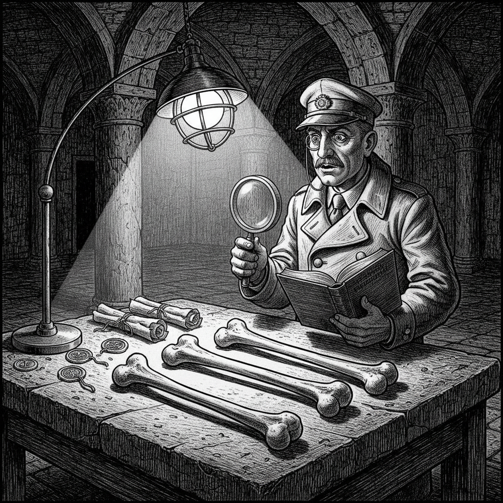 A Bureau of Relics Examiner's inspection room, three identical authenticated femurs side by side on a stone table, Bureau official with magnifying lens and separate provenance bundles