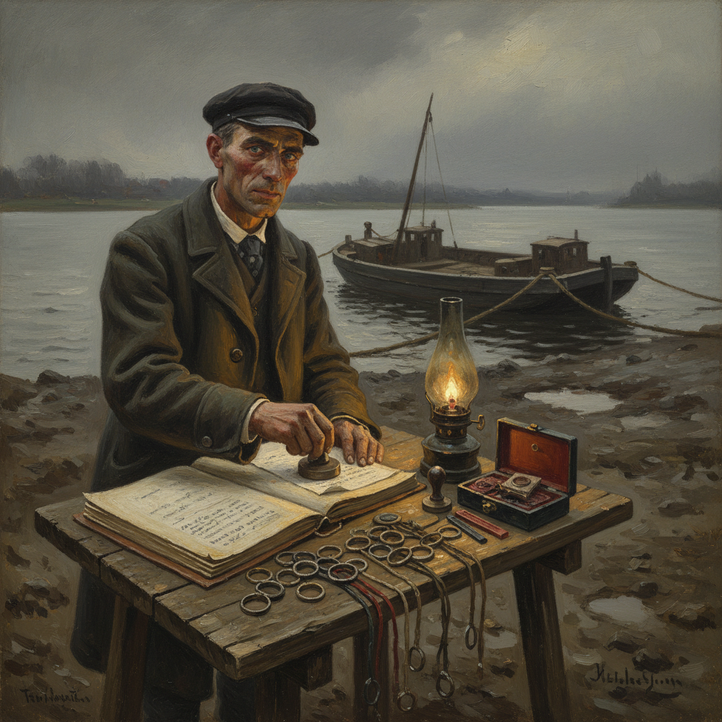 A Ferry Chokepoint Broker at a muddy Rhine bank, oilskin folio open on a plank table, forged password rings and seals laid out, a client's papers being stamped by oil-lamp, the flat barge on its hemp cable visible on dark water behind him.