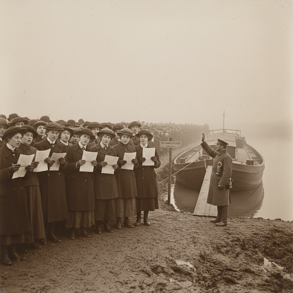 Three hundred figures with valid papers standing on a grey trench-bank under flat overcast, a guard's arm raised in refusal at the barge-head, the queue stretching into morning fog at Nominalist's Gate.