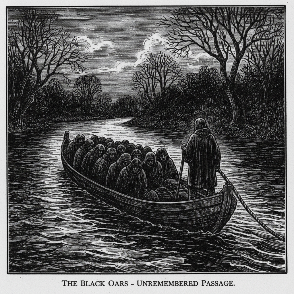 An unlisted Black Oars barge sliding silently across dark water at night, cloaked passengers crouched amidships, the pilot at the stern cable, no torches burning on either bank, no name on the hull.
