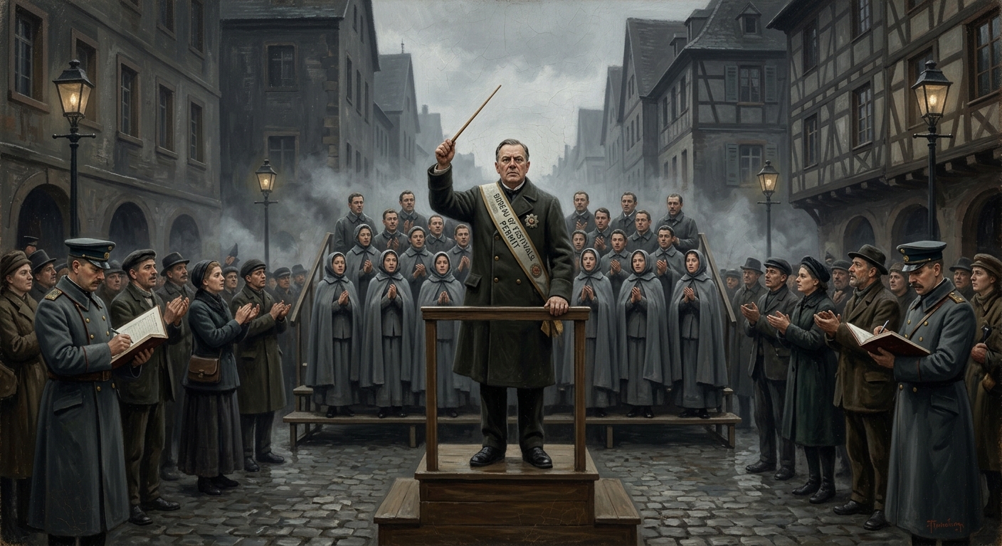 A Festival Chorus-Master in permit sash conducting a licensed performance, singers in grey Bureau vestments behind him, Attendance Auditors with ledgers at the margins, crowd applauding with calibrated obedience