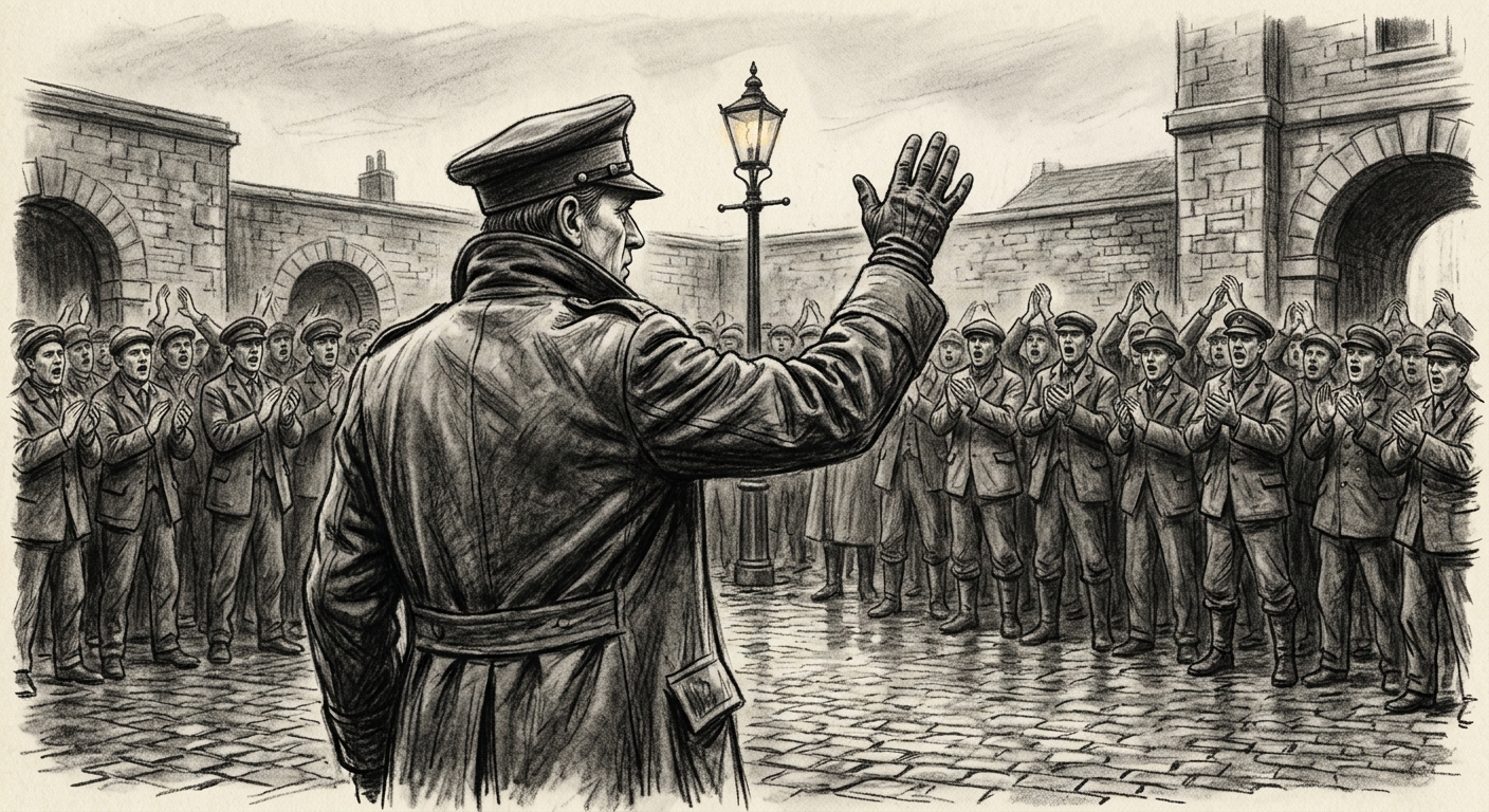 A veteran Chorus-Master facing the crowd one hand raised palm-out cutting the ovation at the permitted moment, audience frozen mid-clap, his expression the grief of a man who has forgotten unscheduled joy