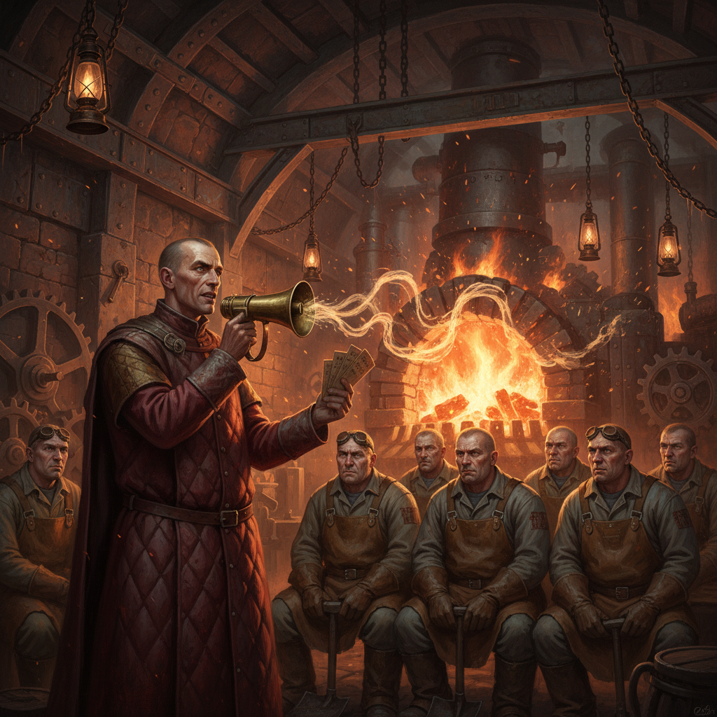 A Furnace Catechist mid-sermon in a vast bastion powerhouse gallery, cassocked man with brass loudhailer raised before rows of stokers in work gear, the roaring furnace glowing orange-white behind him, ash grit drifting in amber lamplight
