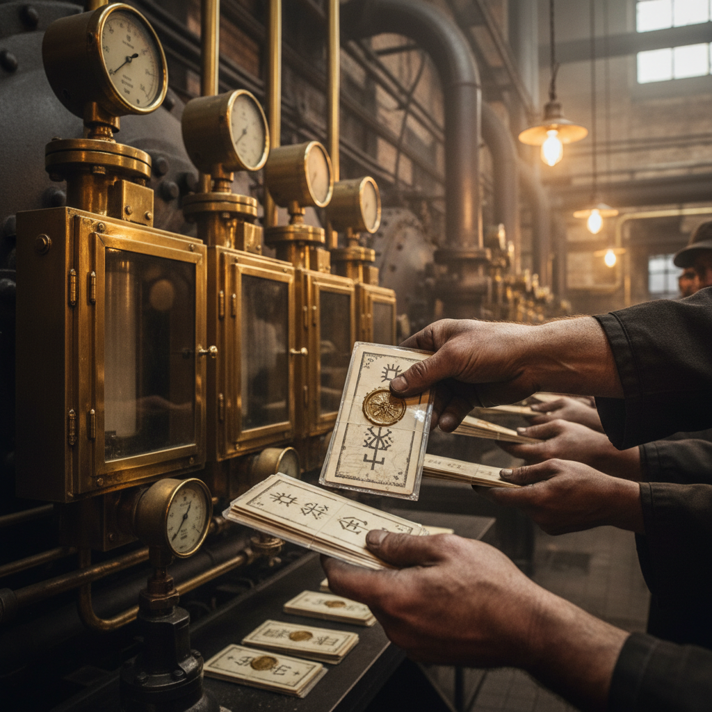 Doctrine cards being distributed at a bastion boiler pit shift start, a Catechist's hand pressing wax-sealed card packets into calloused stoker hands, boiler gauges and iron piping in the background