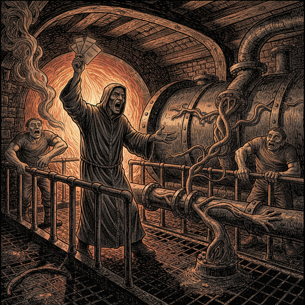 A trenchline boiler pit at a demon hour, a Catechist mid-recitation with doctrine cards gripped white-knuckled, stokers gripping boiler rails and looking away from the pipes where something propagates through the metal
