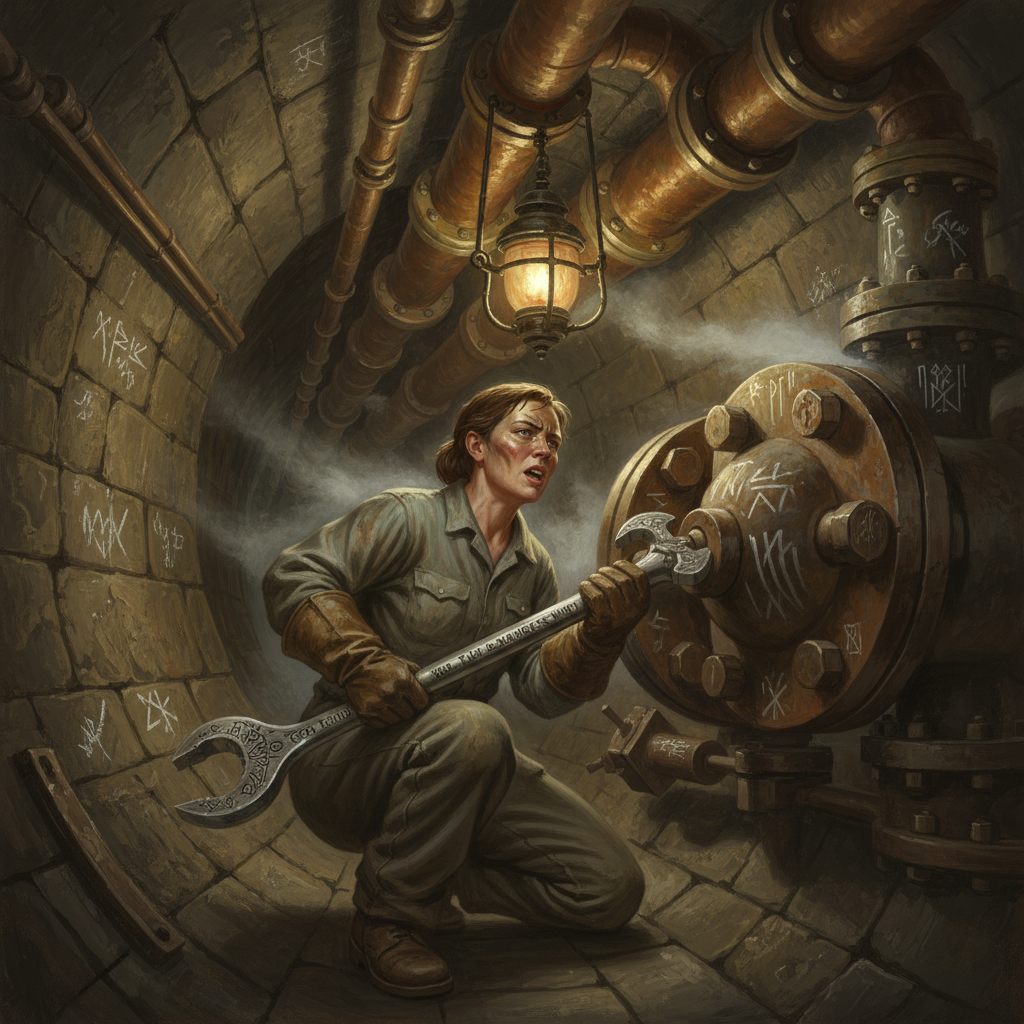 A Gasket-Hymn Mechanic crouched at a resonance manifold in Bastion-Irongate, torque key in hand with verses etched on the handle, mouth open mid-recitation, witness chalk marks on bolt-heads, great Choir pipes in the vaulted tunnel above
