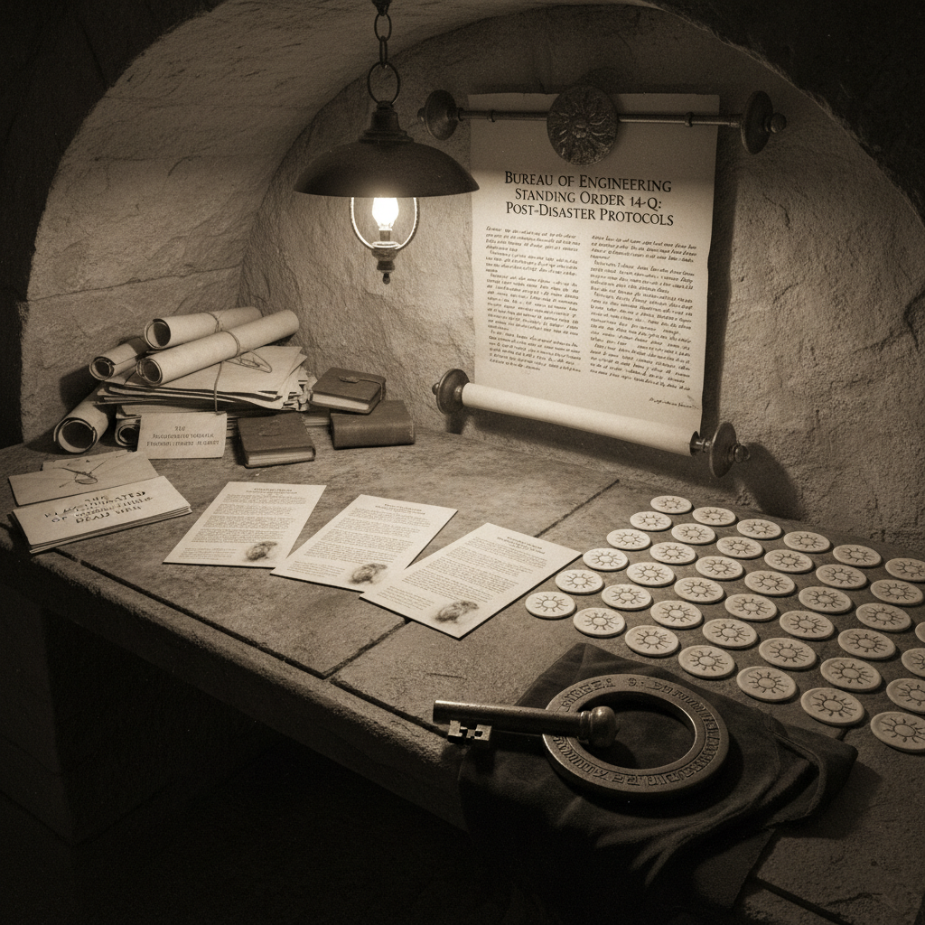 Triplicate rite sheets and purity-wax stamped rite cards spread across a stone desk, a verse-etched torque key on dark cloth, Bureau of Engineering Standing Order 14-Q pinned above
