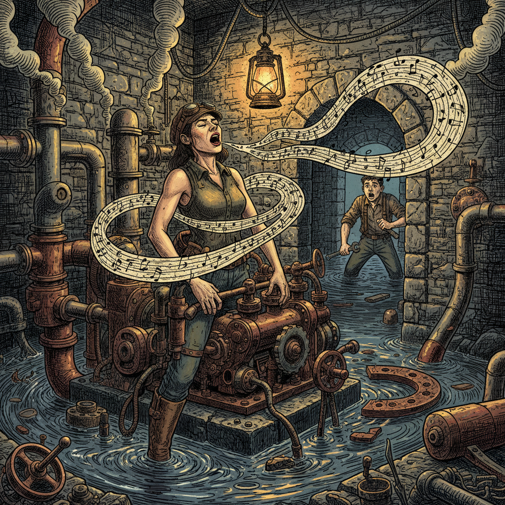 A Line-Purist Gasket-Hymn Mechanic in a flooding engine pit, water at her boots, arms in the manifold assembly, mouth open mid-verse, a frightened Wax Hand at the single exit behind her