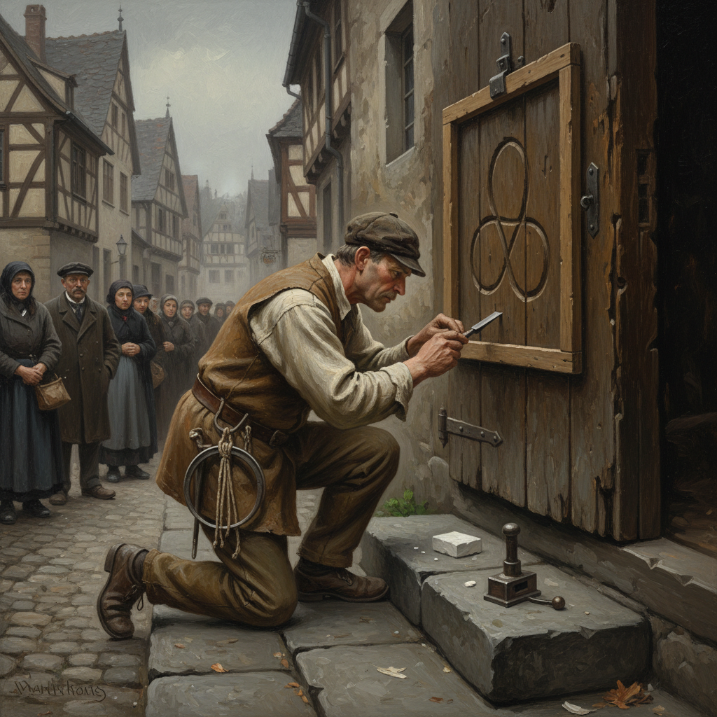 A Gate-Carver kneeling at a heavy oak threshold at dawn, chisel cutting three-looped Triune Knot into the lintel, tri-cord measure at his belt, a queue of citizens behind him in a grey Rhineland street
