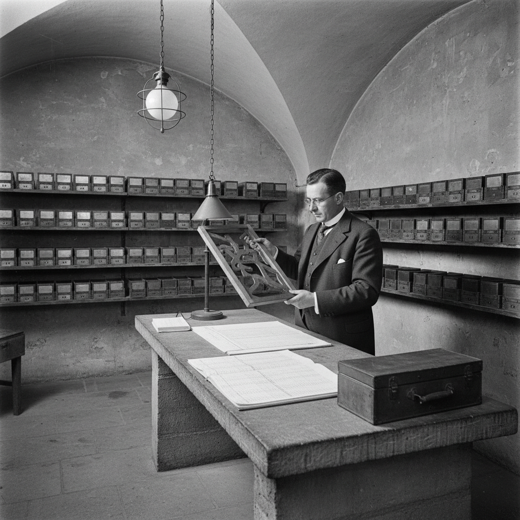 The Knotwright Registry office in Strasbourg, rows of serial punch cases on stone shelves, an inspector examining a stencil frame under a desk lamp, open ledger sheets on the long stone desk