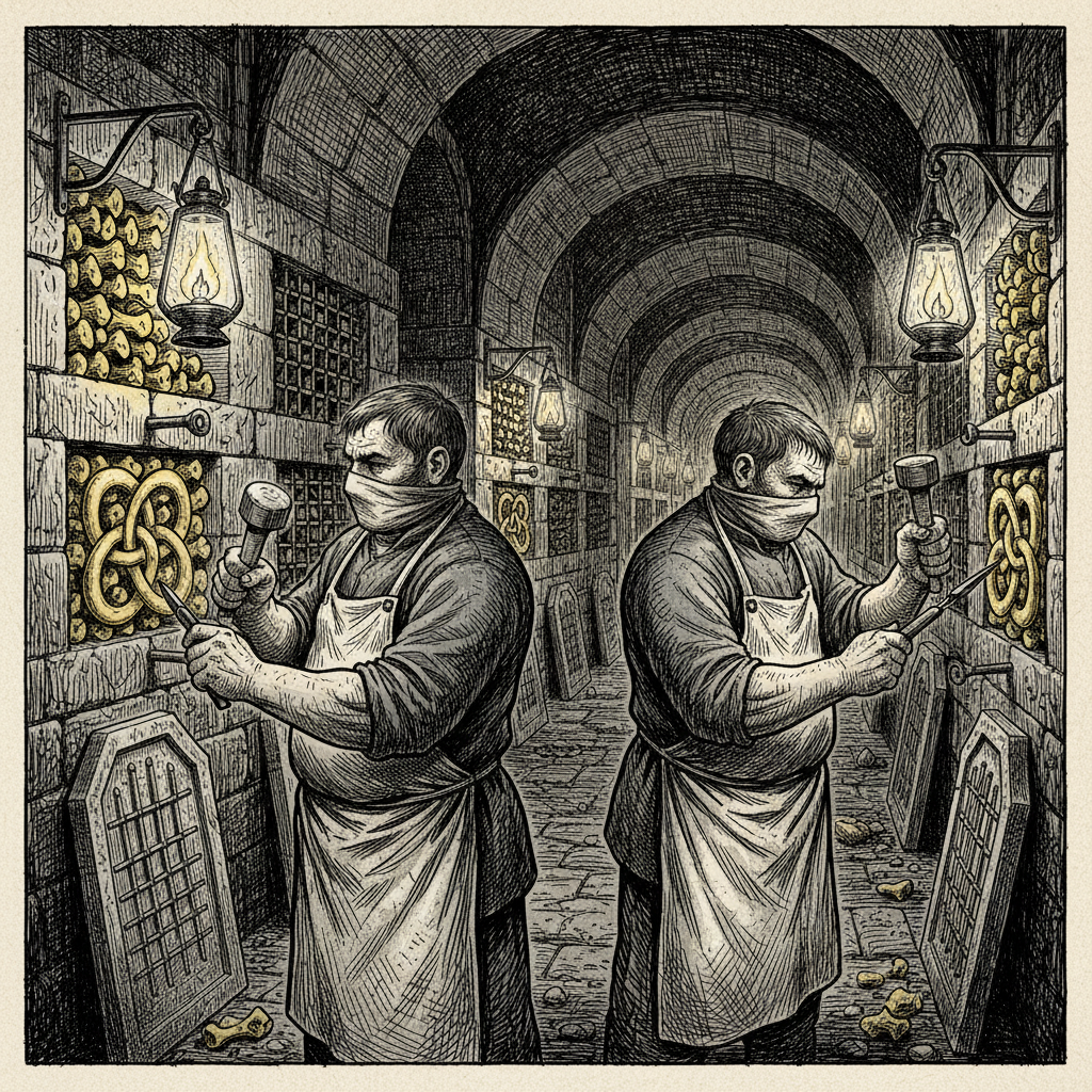 Two Gate-Carvers in aprons and cloth masks chiseling Triune Knots into bone-alcoves by oil-lamp in a vaulted catacomb corridor, stone dust in the air, sealed niches behind them, darkness ahead